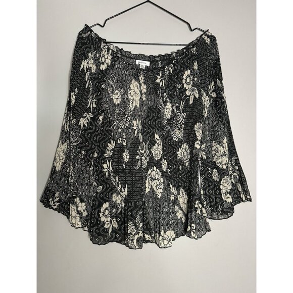 VTG 90s Y2K Black Floral Steam Pleated Stretchy Blouse Size L Bell Sleeves Boho - Picture 1 of 11